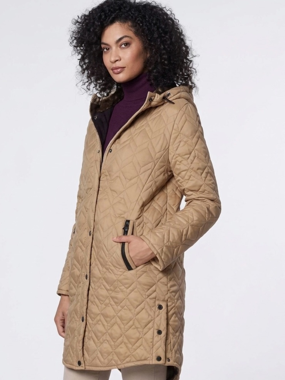 Andrew Marc Quilted Hooded Parka in Tan, Lightweight & Cozy, Large
